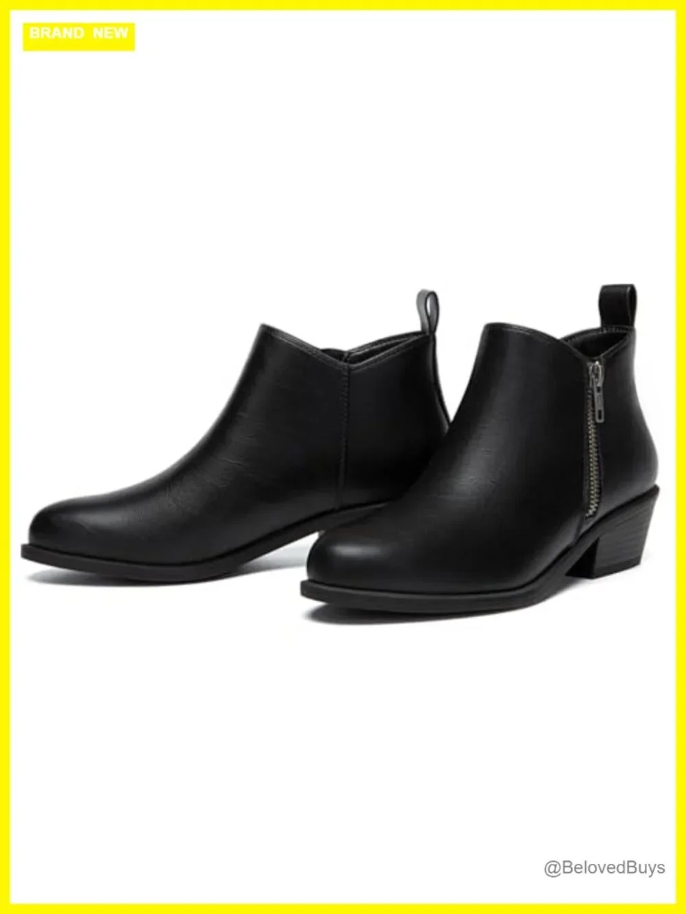 Chunky Low Heel Ankle Boots with Side Zipper PU Leather Round Toe